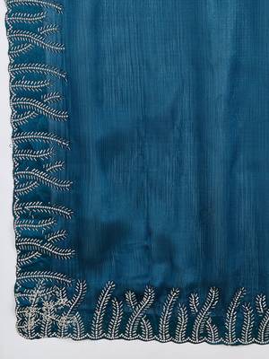 teal silk blend swaroski work saree with unstitched blouse 4