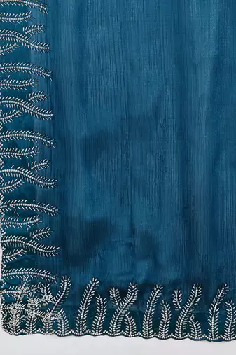 teal silk blend swaroski work saree with unstitched blouse
