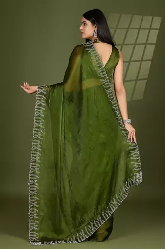green silk blend swaroski work saree with unstitched blouse