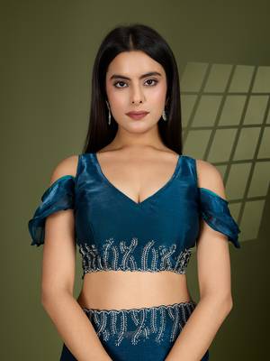 teal silk blend swaroski work saree with unstitched blouse 5