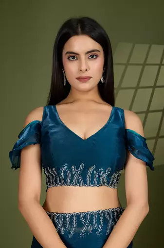 teal silk blend swaroski work saree with unstitched blouse