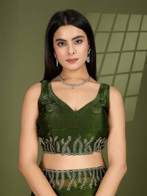 green silk blend swaroski work saree with unstitched blouse 5