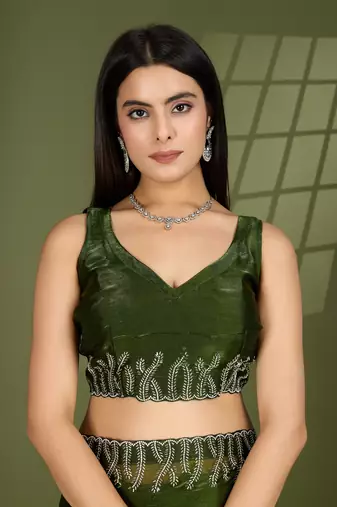 green silk blend swaroski work saree with unstitched blouse