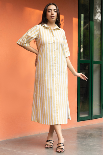 Yellow stripe cotton shirt dress