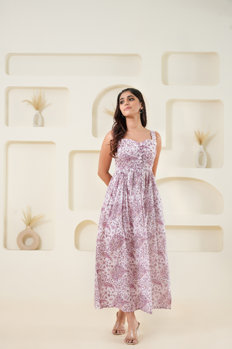 Light pink sleeveless cotton printed sweet heart dress