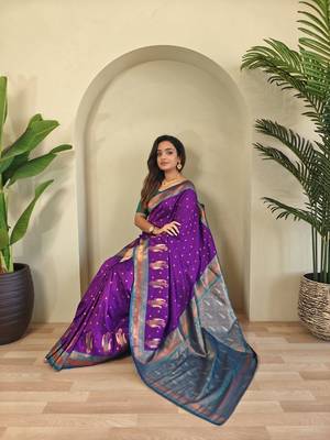 Purple Paithani silk blend Saree With Contrast Weaving Pallu And Blouse 1