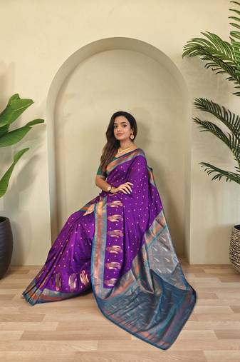 Purple Paithani silk blend Saree With Contrast Weaving Pallu And Blouse