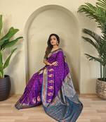 Purple Paithani silk blend Saree With Contrast Weaving Pallu And Blouse