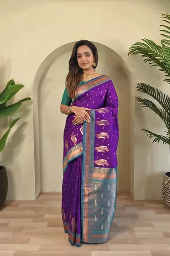 Purple Paithani silk blend Saree With Contrast Weaving Pallu And Blouse