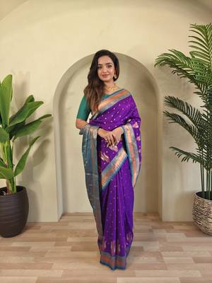 Purple Paithani silk blend Saree With Contrast Weaving Pallu And Blouse 4