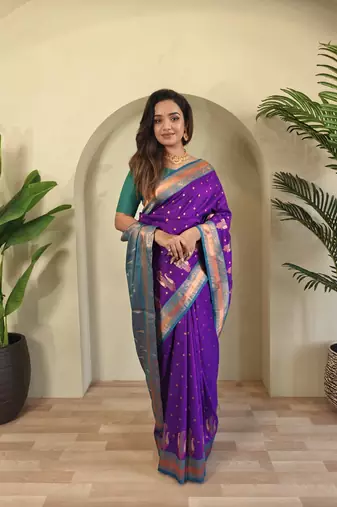 Purple Paithani silk blend Saree With Contrast Weaving Pallu And Blouse