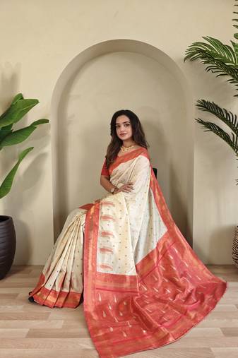 White Paithani silk blend Saree With Contrast Weaving Pallu And Blouse