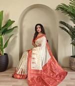 White Paithani silk blend Saree With Contrast Weaving Pallu And Blouse