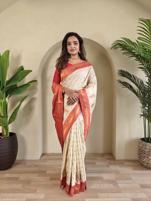 White Paithani silk blend Saree With Contrast Weaving Pallu And Blouse 3