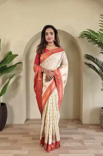 White Paithani silk blend Saree With Contrast Weaving Pallu And Blouse