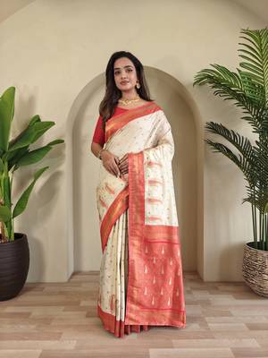 White Paithani silk blend Saree With Contrast Weaving Pallu And Blouse 4