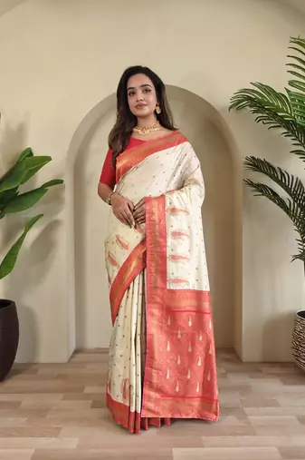 White Paithani silk blend Saree With Contrast Weaving Pallu And Blouse