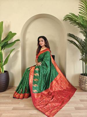 Green Paithani silk blend Saree With Contrast Weaving Pallu And Blouse 1
