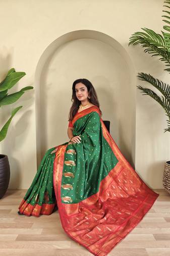 Green Paithani silk blend Saree With Contrast Weaving Pallu And Blouse