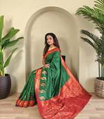 Green Paithani silk blend Saree With Contrast Weaving Pallu And Blouse