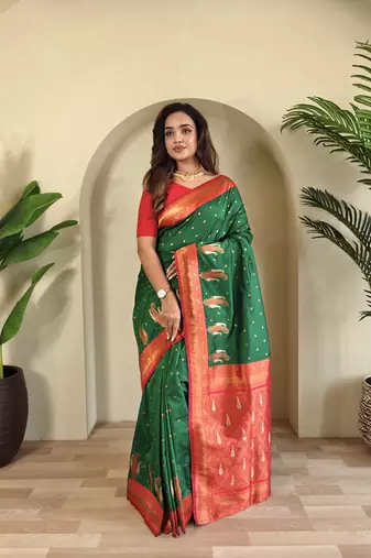 Green Paithani silk blend Saree With Contrast Weaving Pallu And Blouse