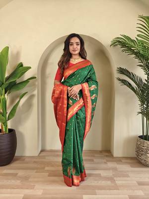 Green Paithani silk blend Saree With Contrast Weaving Pallu And Blouse 4