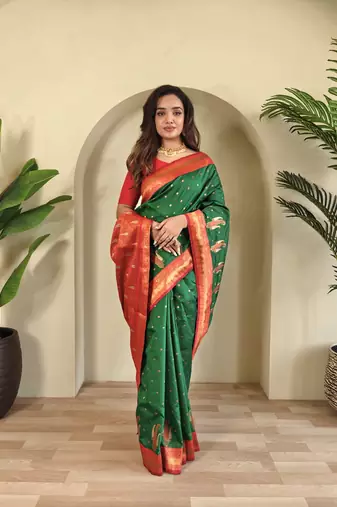 Green Paithani silk blend Saree With Contrast Weaving Pallu And Blouse