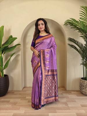 Lavender Paithani silk blend Saree With Contrast Weaving Pallu And Blouse 1