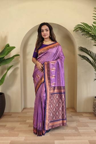 Lavender Paithani silk blend Saree With Contrast Weaving Pallu And Blouse