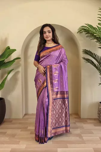 Lavender Paithani silk blend Saree With Contrast Weaving Pallu And Blouse