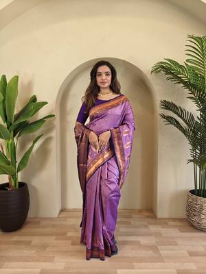 Lavender Paithani silk blend Saree With Contrast Weaving Pallu And Blouse 3