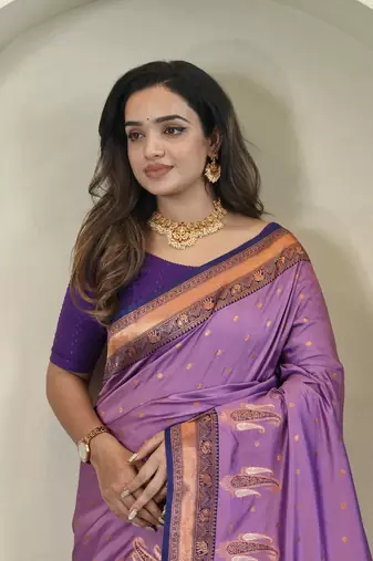 Lavender Paithani silk blend Saree With Contrast Weaving Pallu And Blouse