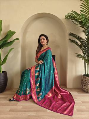 Rama Paithani silk blend Saree With Contrast Weaving Pallu And Blouse 1