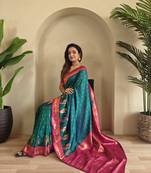 Rama Paithani silk blend Saree With Contrast Weaving Pallu And Blouse
