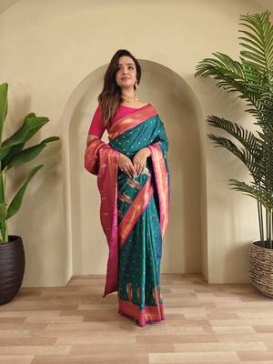 Rama Paithani silk blend Saree With Contrast Weaving Pallu And Blouse 3