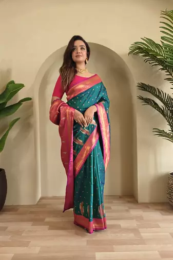 Rama Paithani silk blend Saree With Contrast Weaving Pallu And Blouse