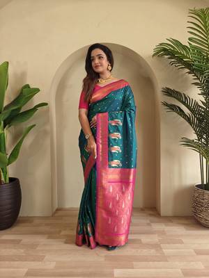 Rama Paithani silk blend Saree With Contrast Weaving Pallu And Blouse 4