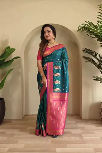 Rama Paithani silk blend Saree With Contrast Weaving Pallu And Blouse