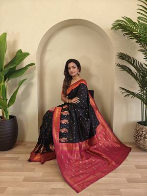 Black Paithani silk blend Saree With Contrast Weaving Pallu And Blouse 1