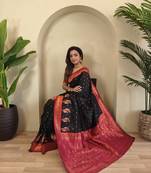 Black Paithani silk blend Saree With Contrast Weaving Pallu And Blouse