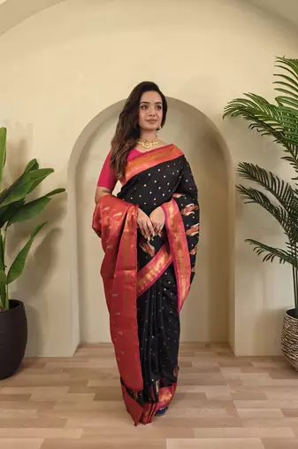 Black Paithani silk blend Saree With Contrast Weaving Pallu And Blouse