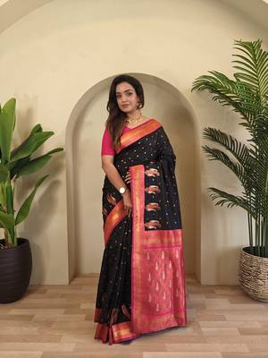 Black Paithani silk blend Saree With Contrast Weaving Pallu And Blouse 4