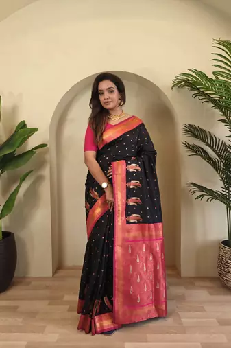 Black Paithani silk blend Saree With Contrast Weaving Pallu And Blouse