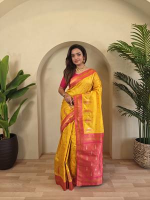 Yellow Paithani silk blend Saree With Contrast Weaving Pallu And Blouse 1