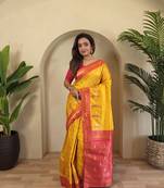 Yellow Paithani silk blend Saree With Contrast Weaving Pallu And Blouse