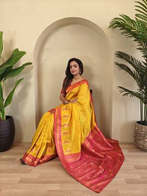 Yellow Paithani silk blend Saree With Contrast Weaving Pallu And Blouse 3