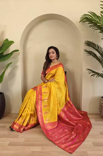 Yellow Paithani silk blend Saree With Contrast Weaving Pallu And Blouse