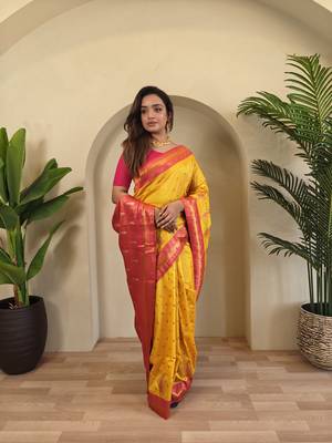 Yellow Paithani silk blend Saree With Contrast Weaving Pallu And Blouse 4
