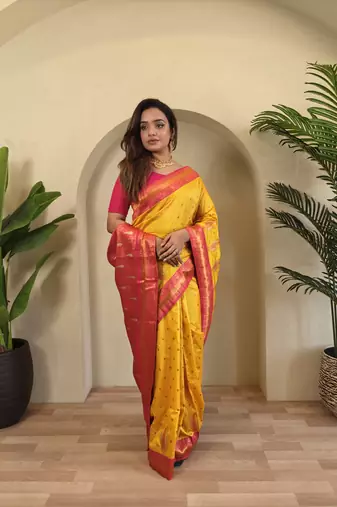 Yellow Paithani silk blend Saree With Contrast Weaving Pallu And Blouse