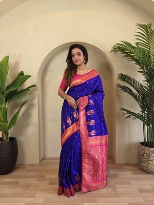 Violet Paithani silk blend Saree With Contrast Weaving Pallu And Blouse 1